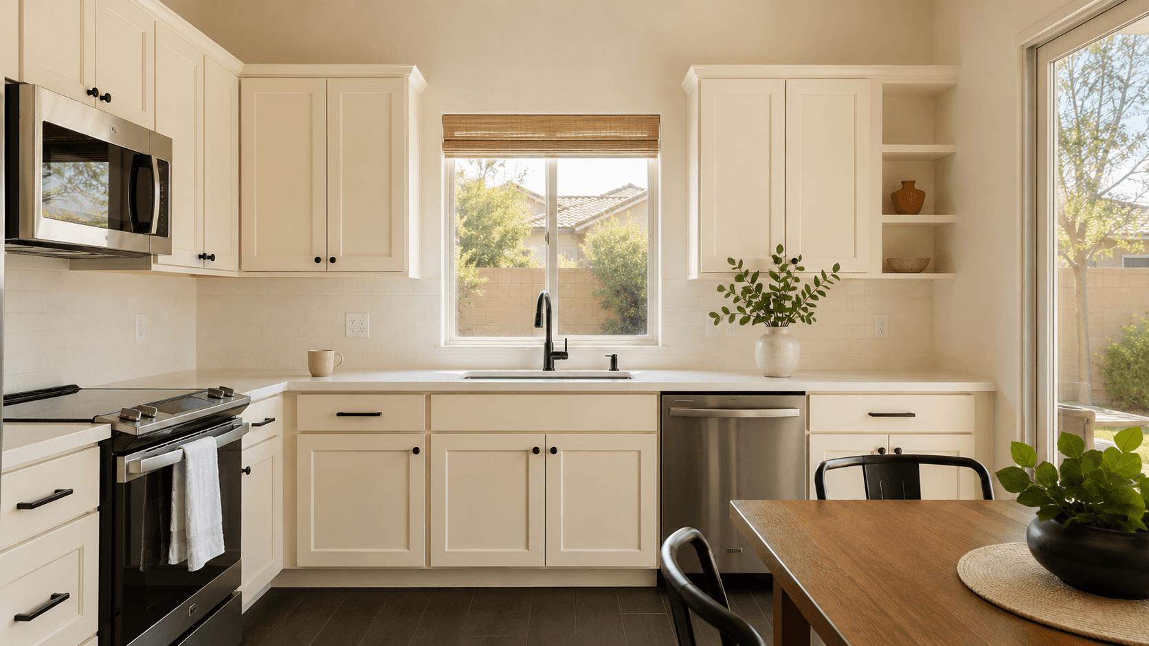 Suburban Gilbert kitchen with white cabinets and a large island.